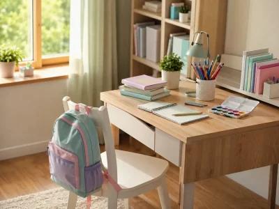 میز مطالعه کودک با کوله پشتی و وسایل مدرسه